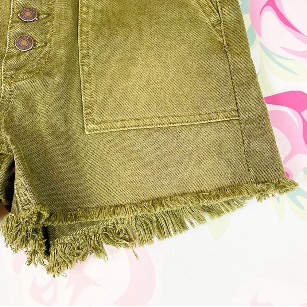 NEW Free People High Rise Distressed Button Fly Olive Army Green Denim Shorts 26